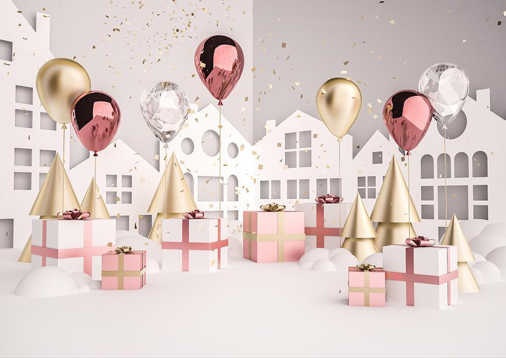 Balloon Christmas Gifts Background Festival Backdrops IBD-19298 - iBACKDROP-chri, chris, christ, christm, Christmas Backdrop, Christmas Backdrops, Christmas Photo Backdrop, Diy Christmas Photo Backdrop, Wood Backdrop, Wooden Backdrop
