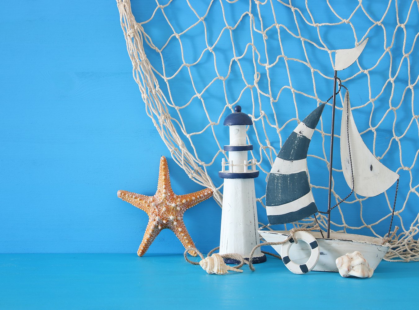 Blue Background Sailboat Lighthouse Starfish Shells and Fishnet Photography Backdrop IBD-20146 - iBACKDROP-backdrops for photography, Blue Background, Children Photography Backdrop, custom photo backdrops, Fishnet, Lighthouse Attractions, photo booth backdrops, photography backdrops, Portrait Photography backdrops, Sailboat Calm Sea, Starfish Shells, Themed Patterned Backdrops, Themed Patterned Background