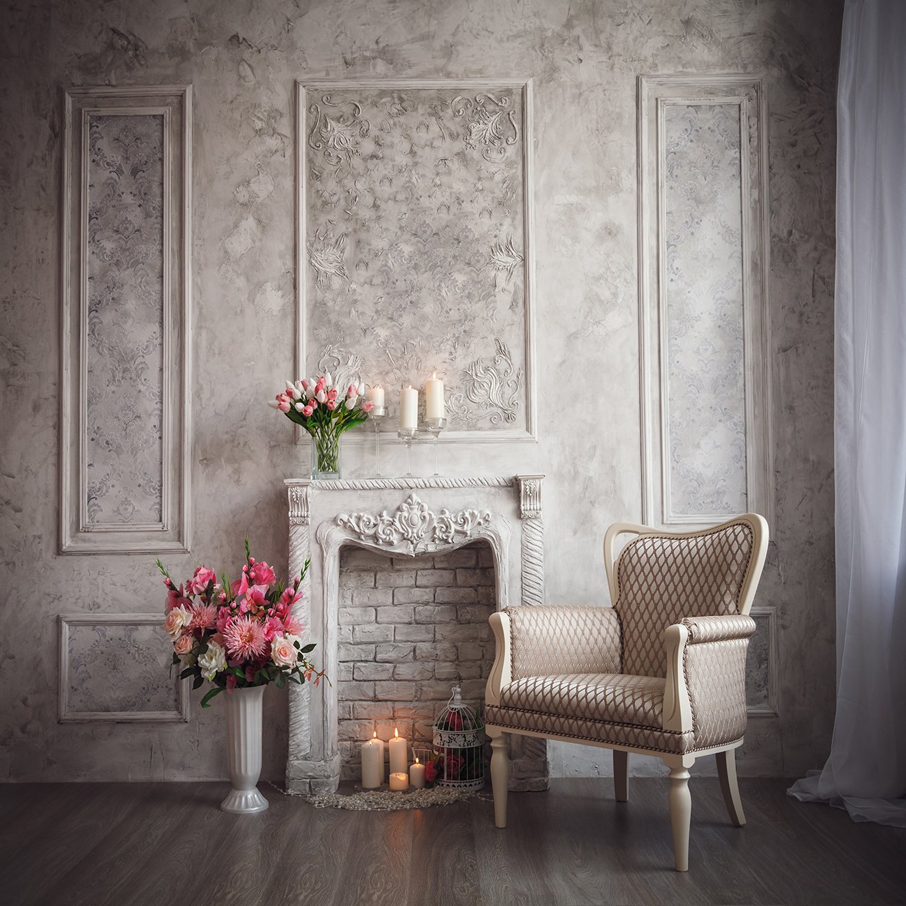 Flower Chair Background of the Indoor Fireplace of the Castle Portrait Photography Backdrop IBD-20025 - iBACKDROP-castle backdrop, Castle backdrops, Flower Background, Flowers Backdrops, Professional Portrait Backdrops, Scenic Backdrops