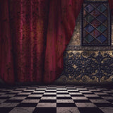 Gothic Style Interior with Checkered Floor and Red Curtains Backdrop for Photo IBD-19960 - iBACKDROP-floor backdrops, For Photography, Gothic Style, Photography Background, Portrait Photo Backdrop, Red Curtains backdrop