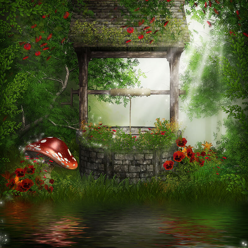 Forest Water Well Mushroon Fairytale Background IBD-246741