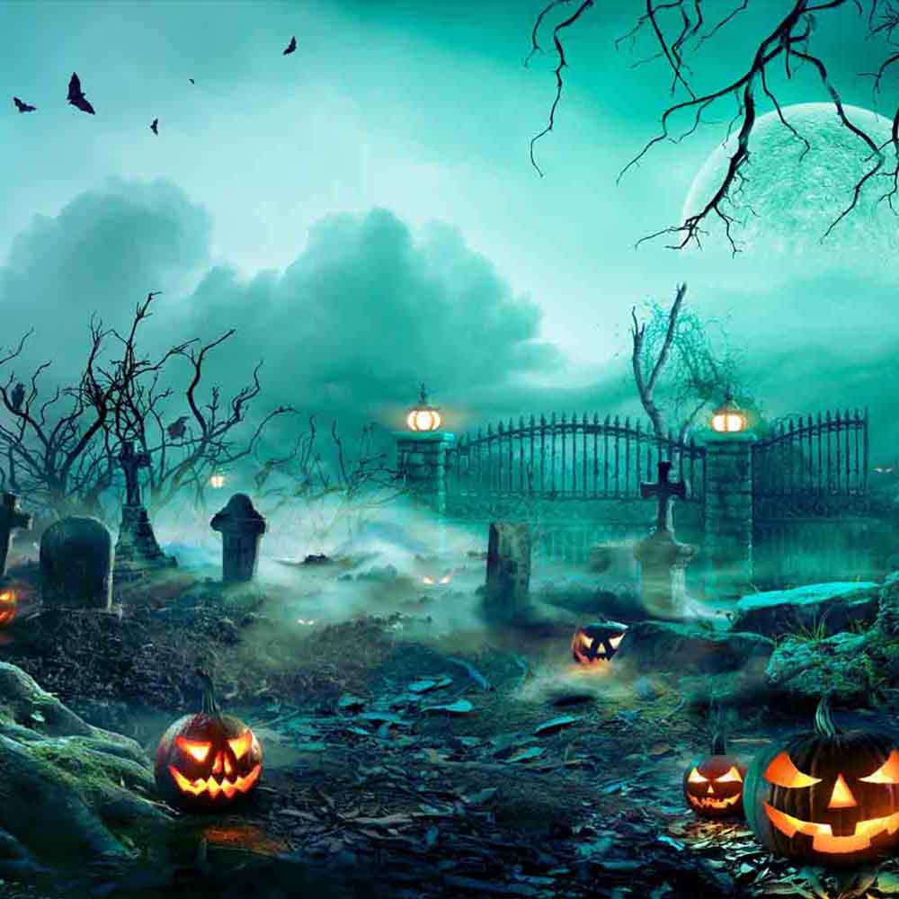 Spooky Halloween Graveyard With Pumpkin Backdrop IBD-246840 gallary-1