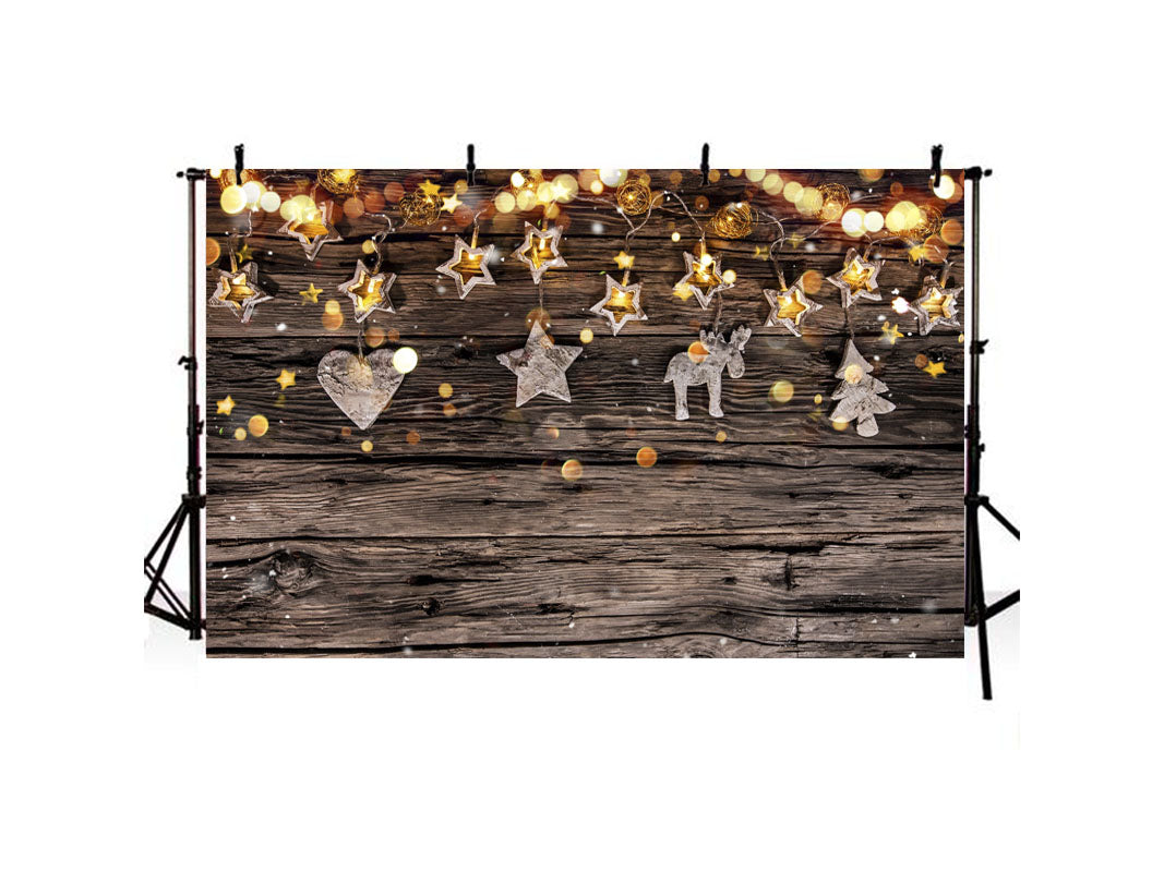 Christmas Light String Against Brown Wood Wall Backdrop IBD-246946