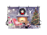 Christmas Tree And Fireplace Vintage Wood Wall Backdrop IBD-246948