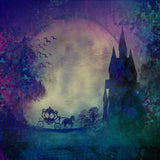 Silhouette of Carriage and Medieval Castle on Purple Background Photo Backdrop IBD-19948