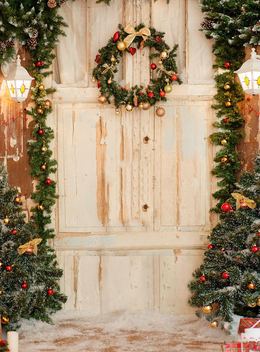 Christmas Door Decor Idea Backdrop Photo Background Backdrops Cloth IBD-24117 - iBACKDROP-chri, chris, christ, christm, Christmas Backdrop, Christmas Backdrops, For Photography Diy Christmas Backdrop, New Arrivals