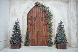 Vintage Brick Wall Door Christmas Tree Backdrop  For Photography IBD-24155 - iBACKDROP-Brick Wall, chr, chri, chris, christ, christm, Christmas Backdrops, Christmas Background, New Arrivals, Palm Tree Leaf, photography backdrops