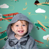 Cute Light Green Background Children Cartoon Airplane Backdrop for Portrait Photography IBD-20048