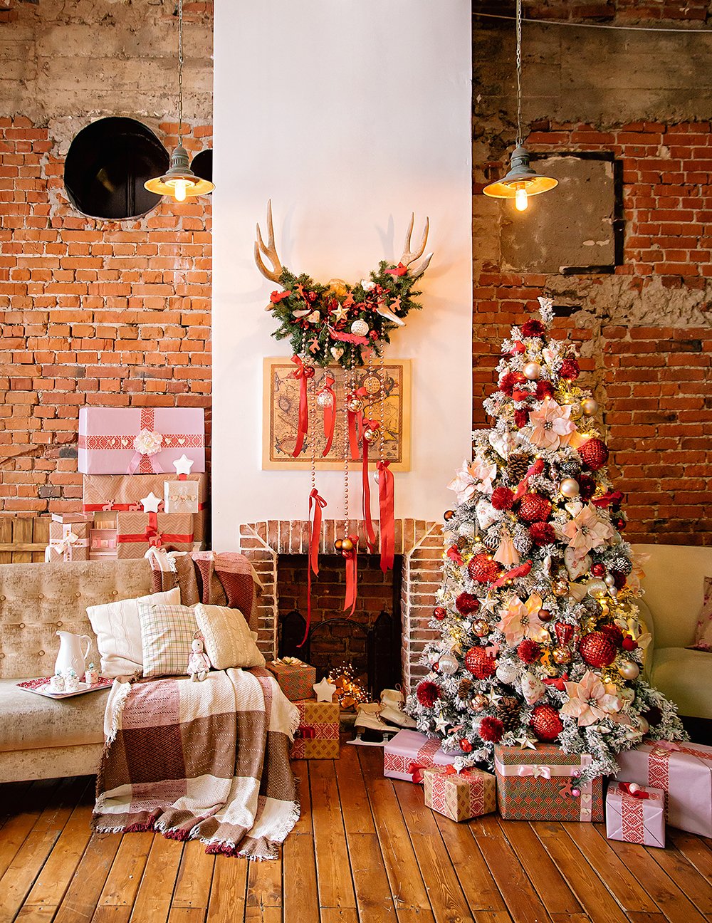 Antler Sofa Christmas Tree Background Christmas Backdrops IBD-19211 - iBACKDROP-chri, chris, christ, christm, Christmas Backdrop, Christmas Backdrops, Christmas Tree Backdrop, For Photography Diy Christmas Backdrop, Red Backdrop