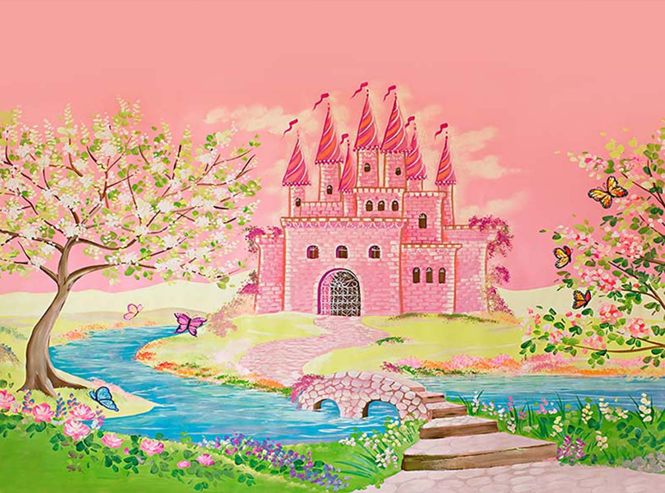 Baby Cartoon Palace Surrounded by Spring Flowers Backdrop For Photography GY-027