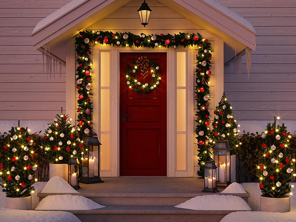 Beautifully Decorated Christmas Door Background Photography Backdrops IBD-19326