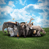 Big Collection Background of Animals on Green Prairie Under Blue Sky Photography Backdrop IBD-19885 - iBACKDROP-Animal Backdrops, Baby Kid Backdrops, Cartoon Fairytale Backdrops, Children Background, Children Cartoon Background, Children Photography Backdrop, For Photography, Photo Background, Portrait Photo Backdrop