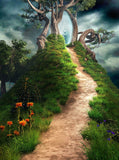 Children's Comic Background Fantasy Trees and Flowers Magic Road Backdrop IBD-19995 - iBACKDROP-Baby Kid Backdrops, Cartoon Fairytale Backdrops, Cute Backdrops, Magic Road Backdrop, Nature Backdrops, Trees and Flowers