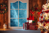 Christmas Tree and Blue Windows Filled with Gifts Festival Backdrops IBD-19260