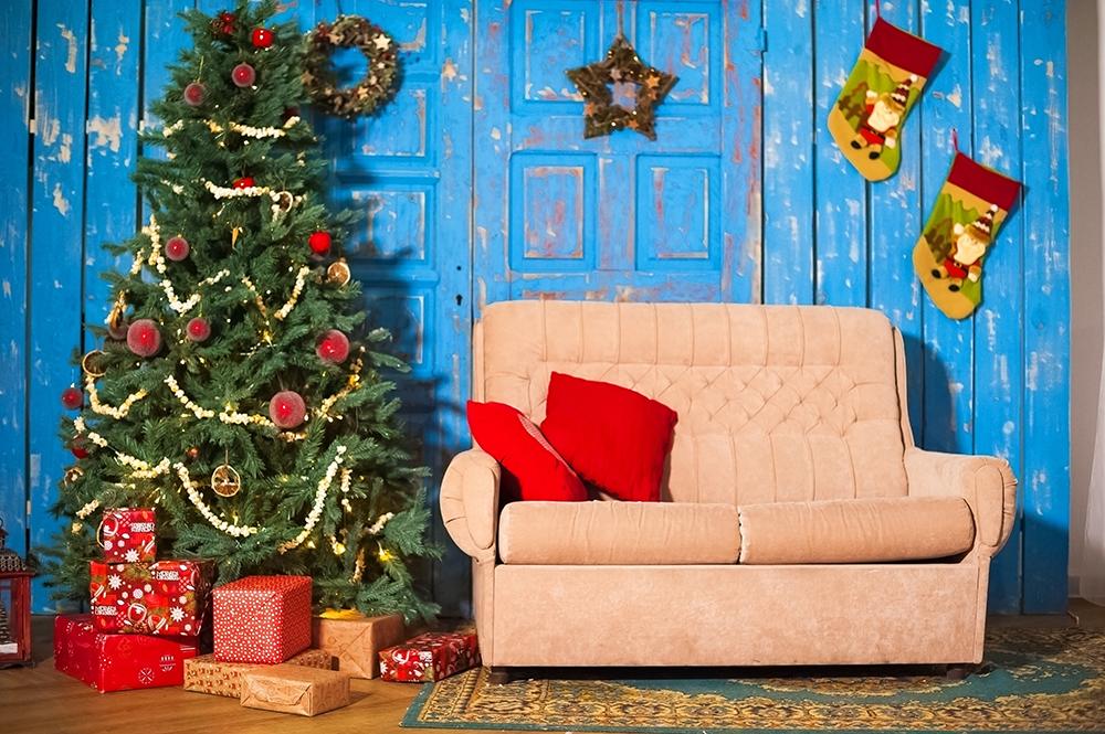 Christmas Tree and Sofa Outdoor Background Festival Backdrops IBD-19329