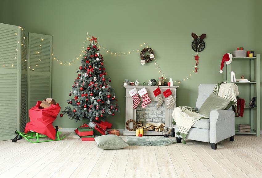 Cozy Christmas House Green Wall with Christmas Backdrop for Photograph ...