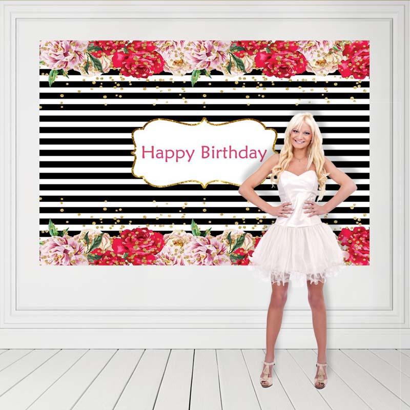 Birthday Party Backdrops Flowers Background Black And White Backdrop G-134-2