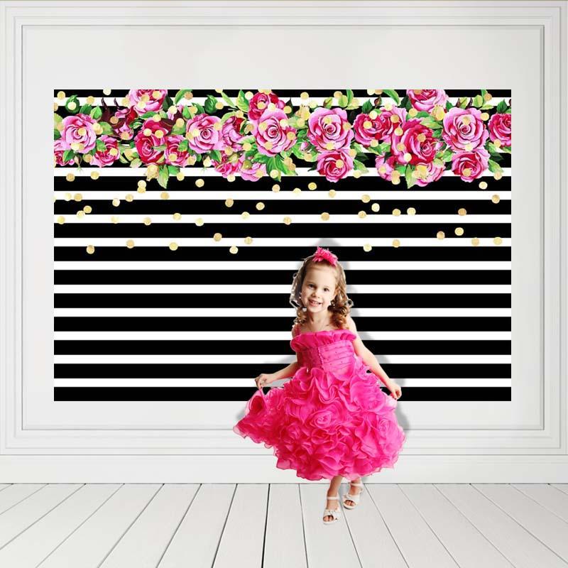Baby Show Flowers Background Black And White Backdrop G-136 - iBACKDROP-baby shower backdrop, Black and White Backdrop, custom, Little Girl Backgrounds