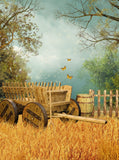 Harvest Background Wheat Field with Old Wooden Trolley Photography Backdrop IBD-19990 - iBACKDROP-backdrop photography, For Photography, Harvest Background, Old Wooden Trolley, Photography Background, Portrait Photography backdrops, scenic backdrops, Scenic Background, Wheat Field