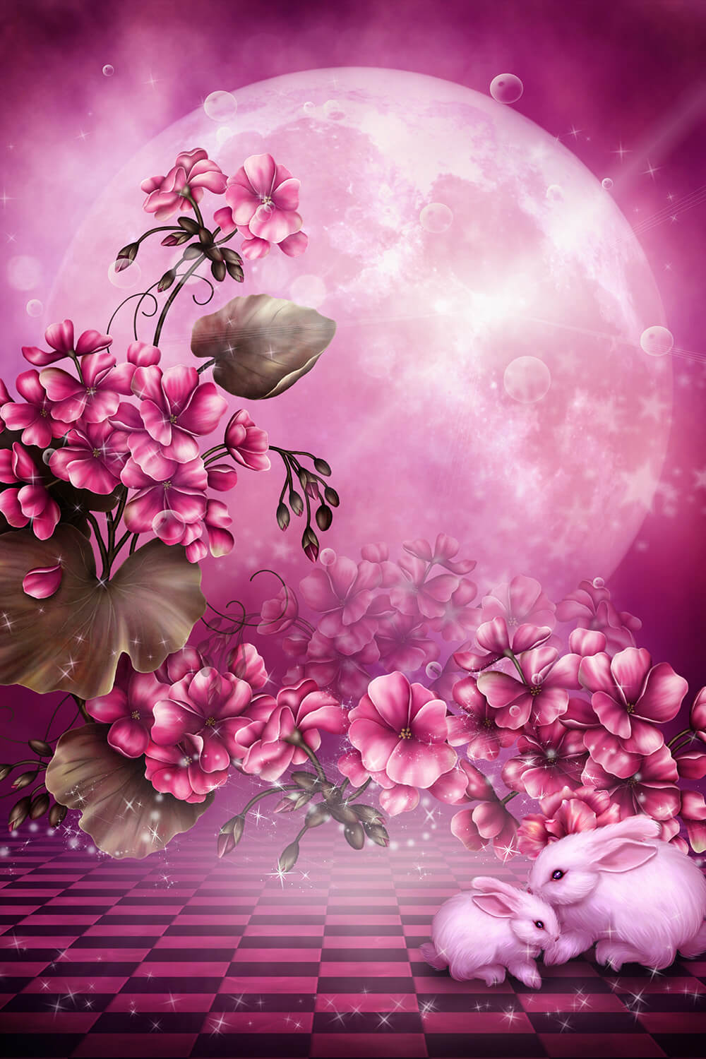 Red Flower And Rabbits Fairytale Background For Kids Photography IBD-24616