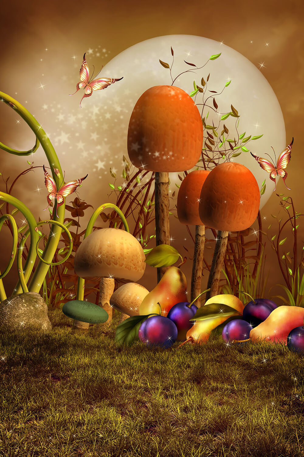 Mushrooms and Butterfly Fairytale Background For Kids Photography IBD-24619