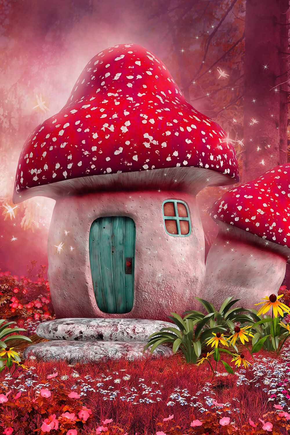 Red Mushroom House Fairytale Background For Kids Photography IBD-24620