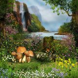 Fairytale Moutain Flower Mushroom Forest Background For Photography IBD-24634