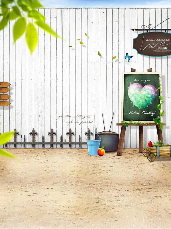 White Wood Fence And Colorful Heart Background IBD-246737