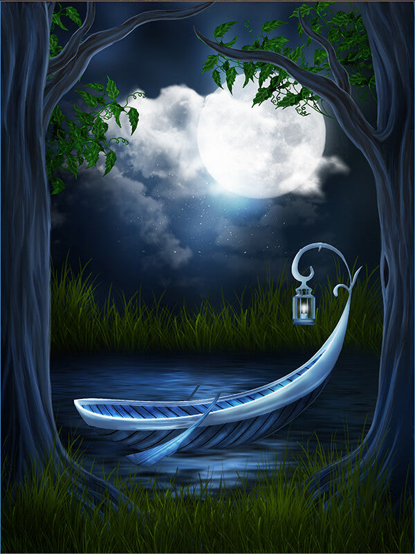 Fairytale Forest Moon Night White Boat Backdrop IBD-246757
