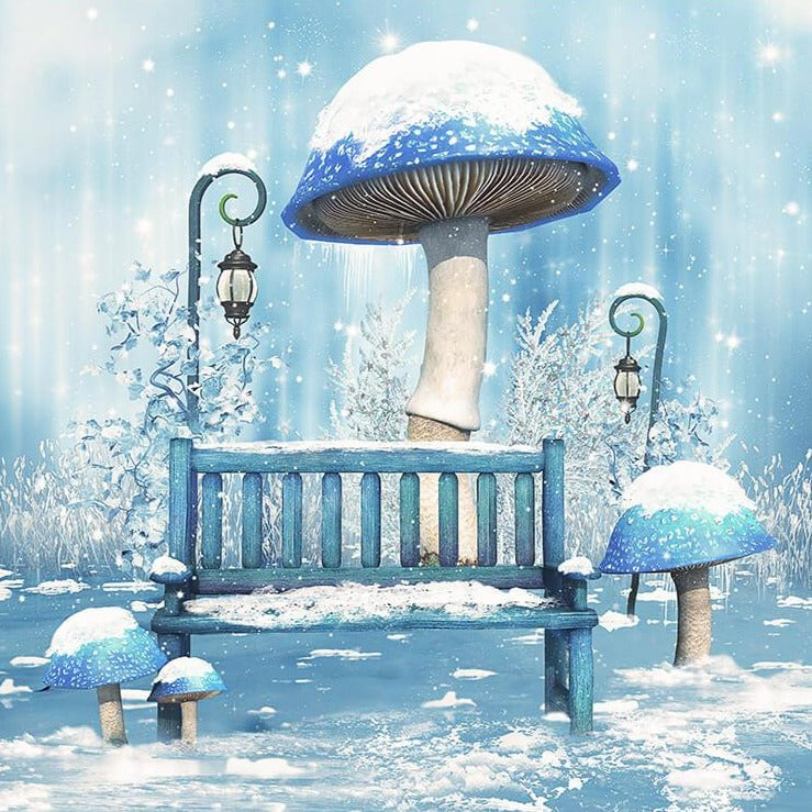 Fairy Tale Blue Mushroom Covered Snow Backdrop IBD-246789