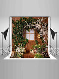 Green Vine Plum Bossom Against Wood Wall Window Backdrop IBD-246823