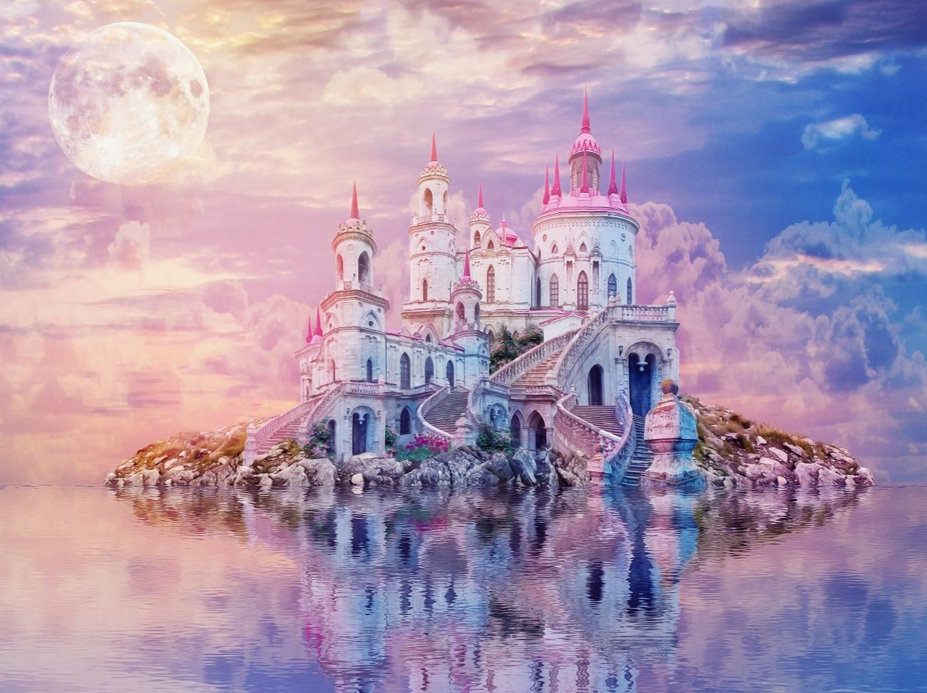 Water Fantasy Castle With Moon Building Backdrop IBD-246833