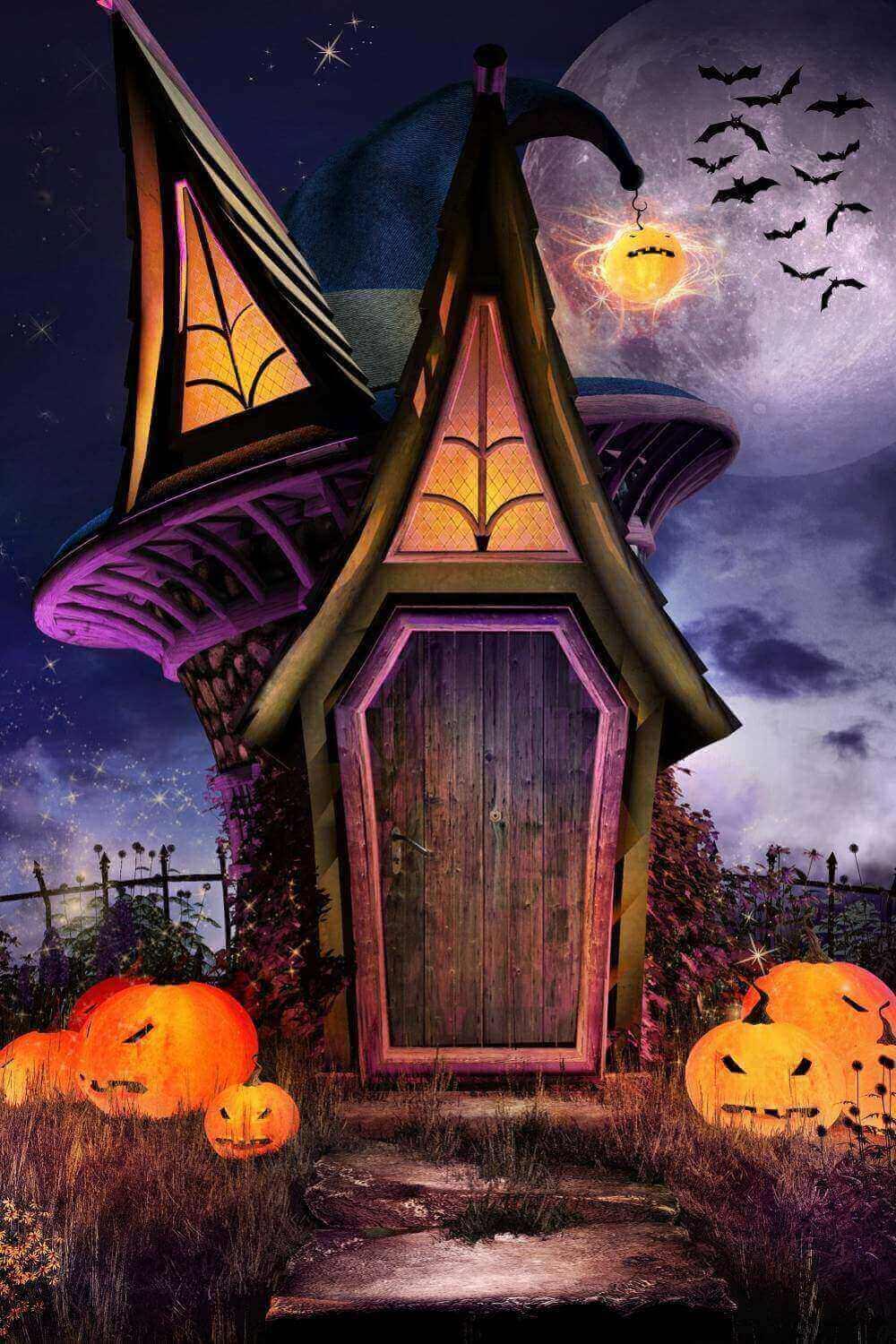 Halloween Witch Hat House Pumpkin Lantern Backdrop IBD-246859