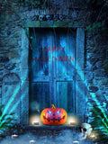 Spooky Stone Door Skull Pumpkin Lantern Halloween Backdrop IBD-246860