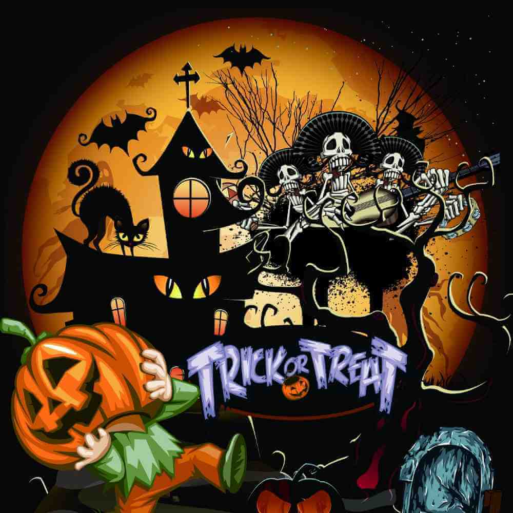 Spooky Halloween Skull Pumpkin Lantern Moon Bat Backdrop IBD-246865 size:1x1