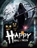 Spooky Halloween Grim Reaper Skull Pumpkin Moon Bat Backdrop IBD-246866 size:1.5x2