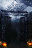 Spooky Halloween Skull Pumpkin Villa Gate Night Backdrop IBD-246870 size:1x1.5