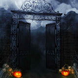 Spooky Halloween Skull Pumpkin Villa Gate Night Backdrop IBD-246870 size:1x1