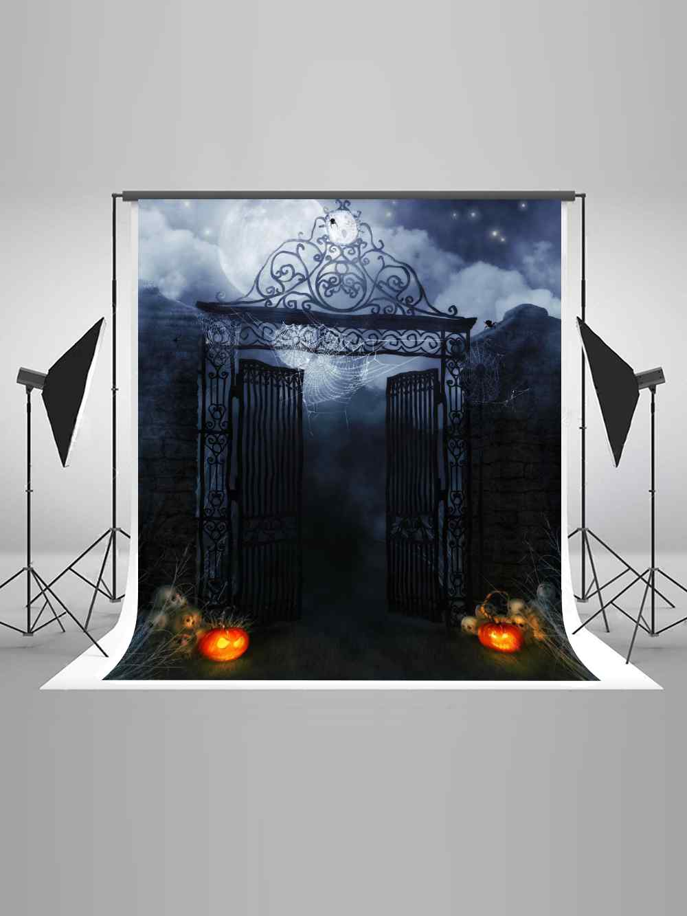 Spooky Halloween Skull Pumpkin Villa Gate Night Backdrop IBD-246870