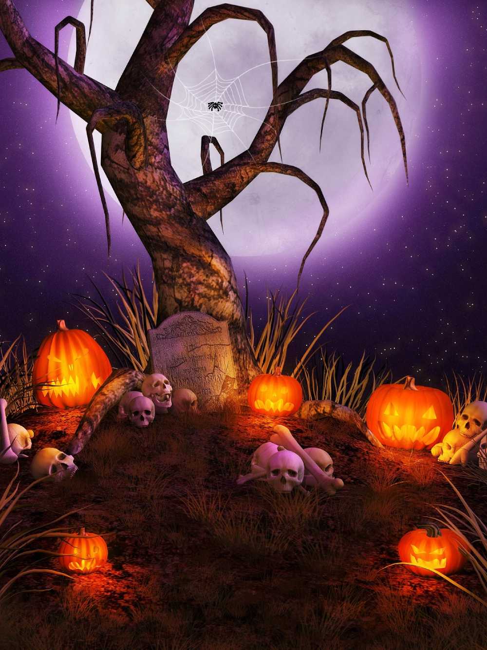Spooky Halloween Skull Pumpkin Spider On The Tree Backdrop IBD-246871 size:1.5x2