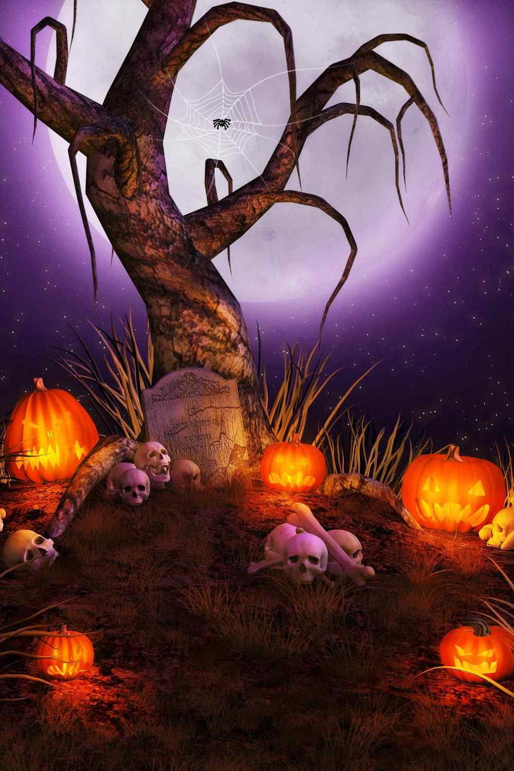 Spooky Halloween Skull Pumpkin Spider On The Tree Backdrop IBD-246871 size:1x1.5