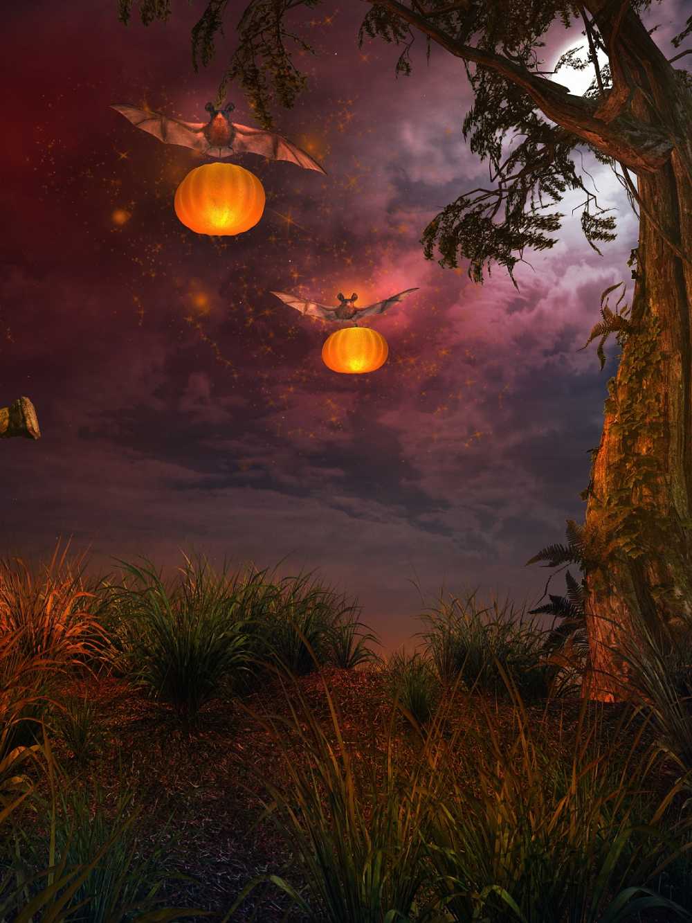 Halloween Wilderness Grave Bat Pumpkin Lantern Backdrop IBD-246873 size:1.5x2