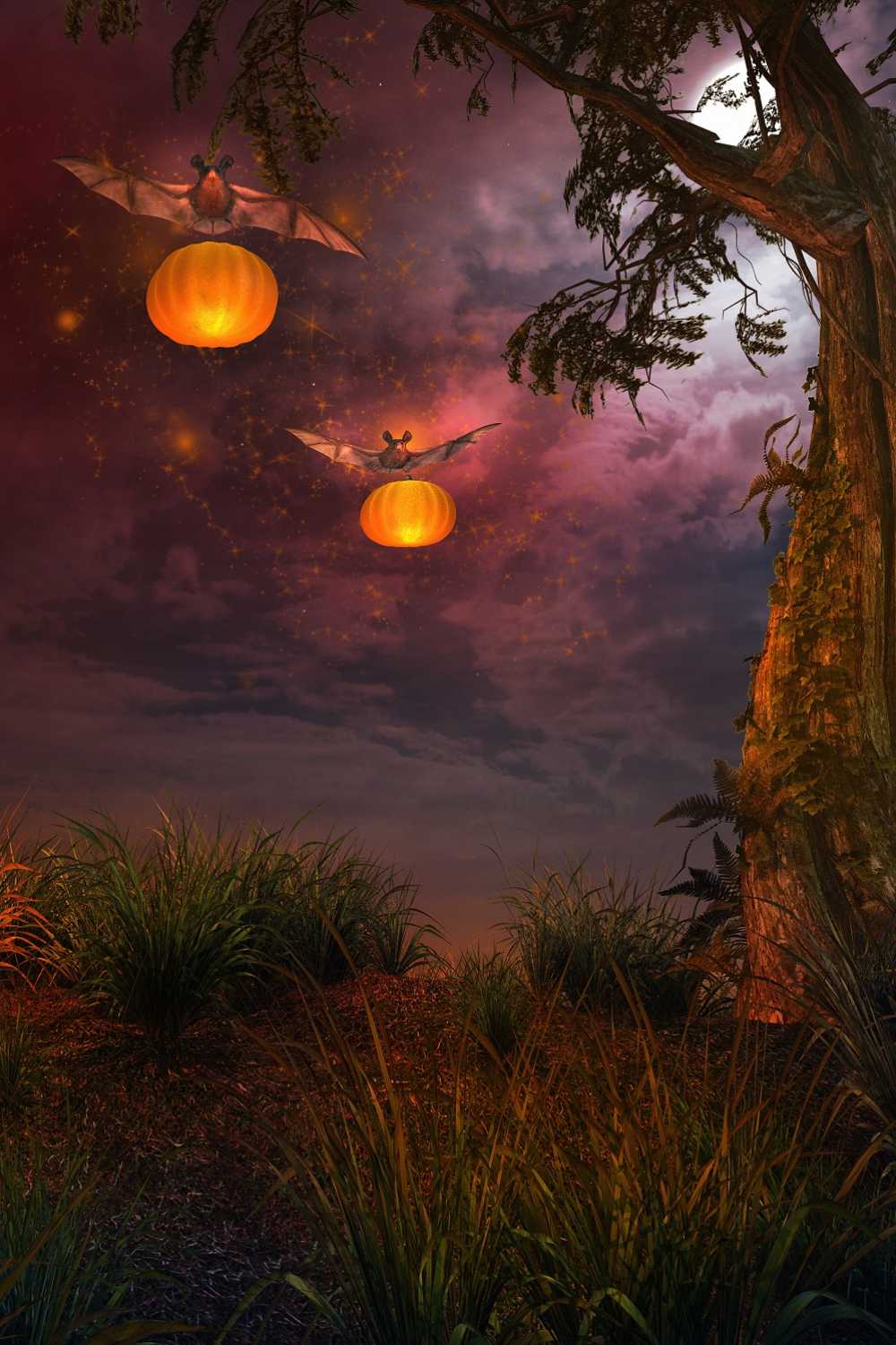Halloween Wilderness Grave Bat Pumpkin Lantern Backdrop IBD-246873 size:1x1.5