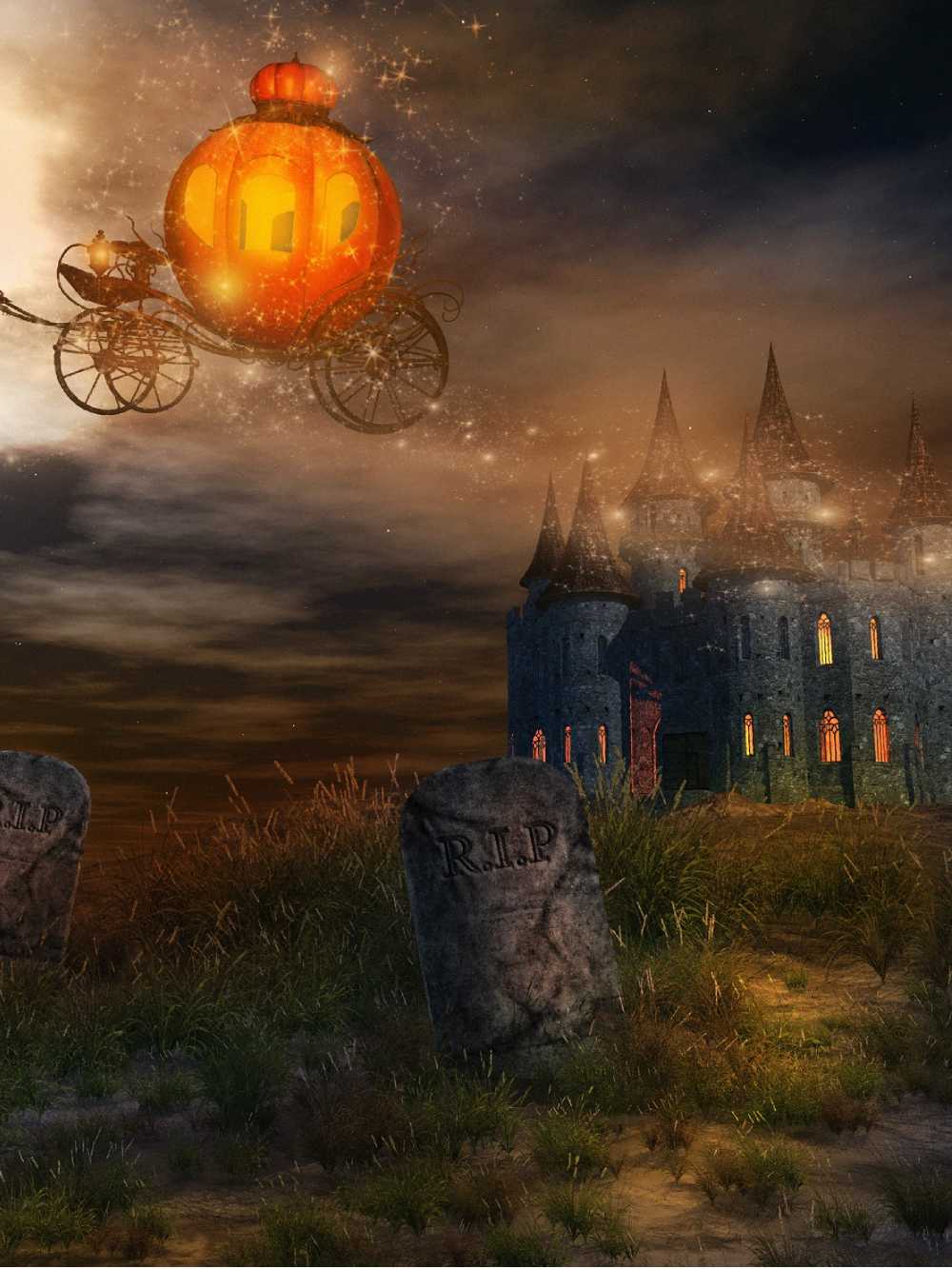 Spooky Halloween Grave And Castle Pumpkin Car Backdrop IBD-246874 size:1.5x2