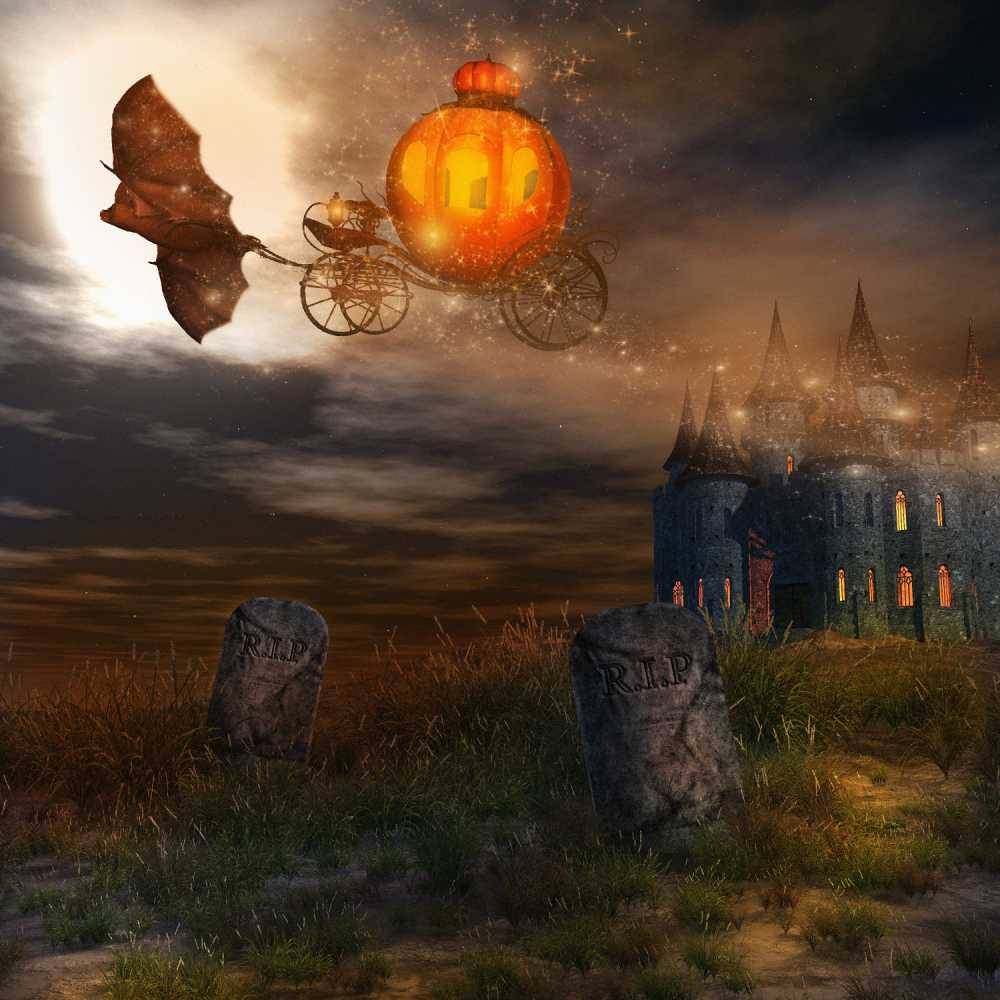 Spooky Halloween Grave And Castle Pumpkin Car Backdrop IBD-246874 size:1x1