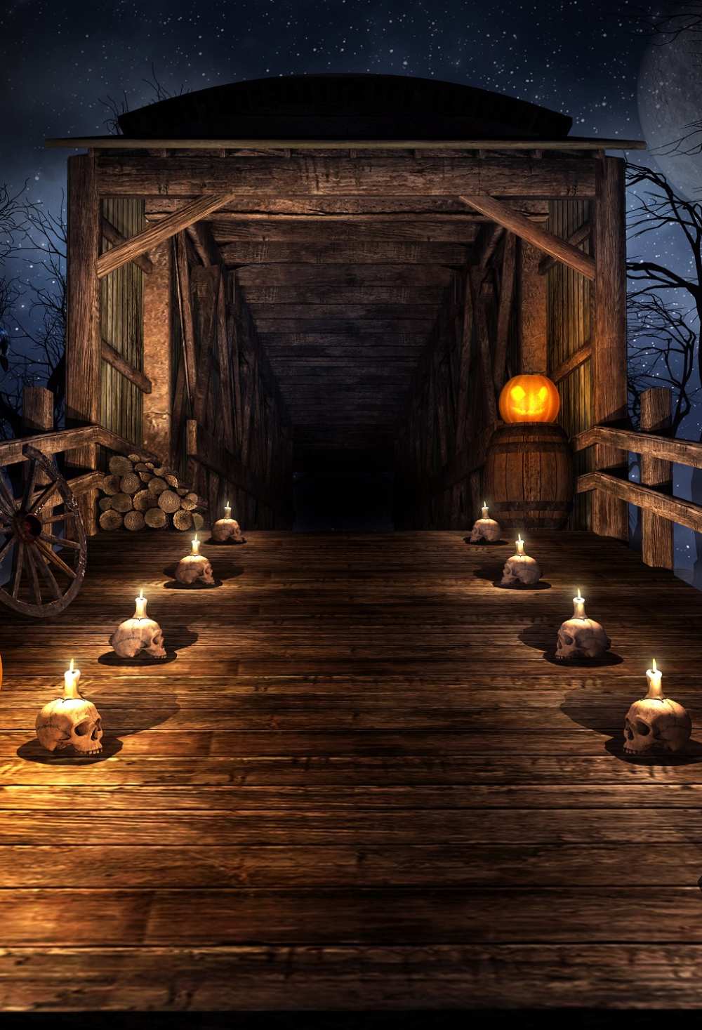 Spooky Halloween Vintage Wood Bridge And Skull Backdrop IBD-246880 size:1.5x2.2
