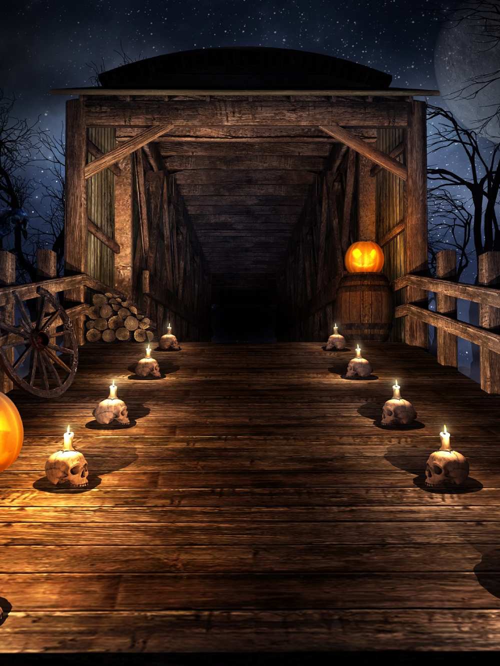 Spooky Halloween Vintage Wood Bridge And Skull Backdrop IBD-246880 size:1.5x2