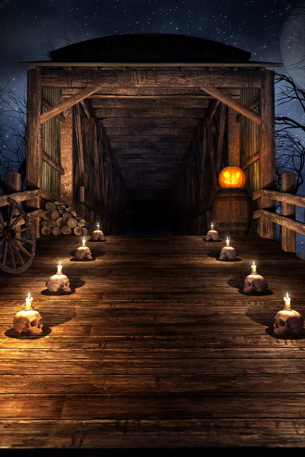 Spooky Halloween Vintage Wood Bridge And Skull Backdrop IBD-246880 size:1x1.5
