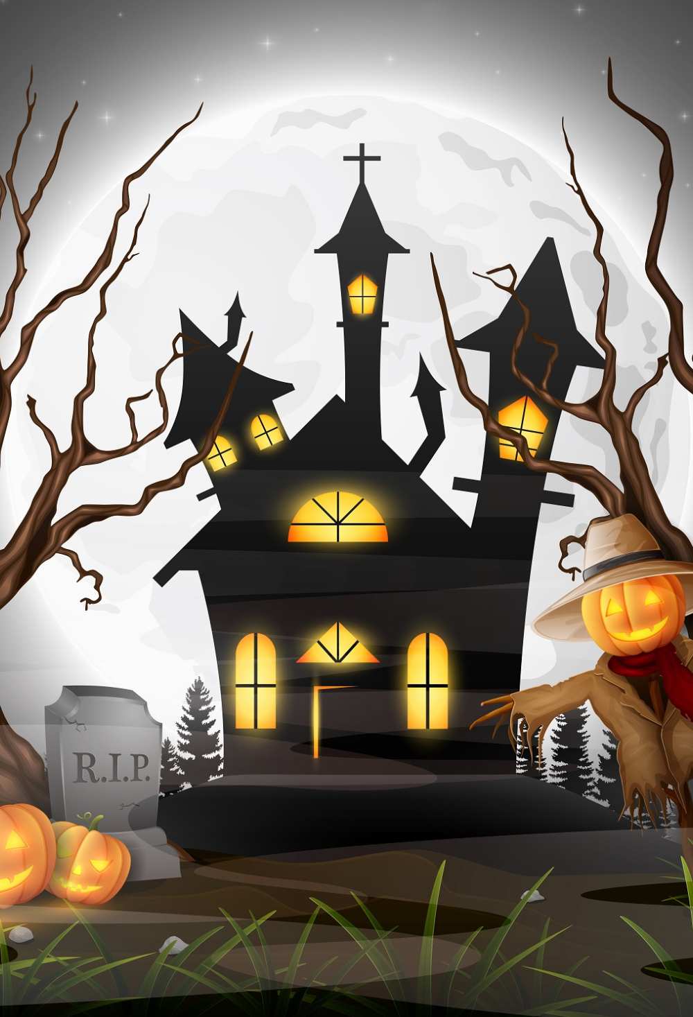 Halloween Grave Haunted House Surround Dead Tree Backdrop IBD-246881 size:1.5x2.2