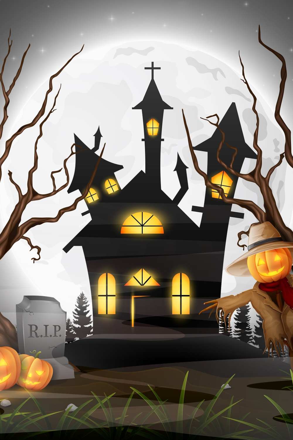 Halloween Grave Haunted House Surround Dead Tree Backdrop IBD-246881 size:1x1.5